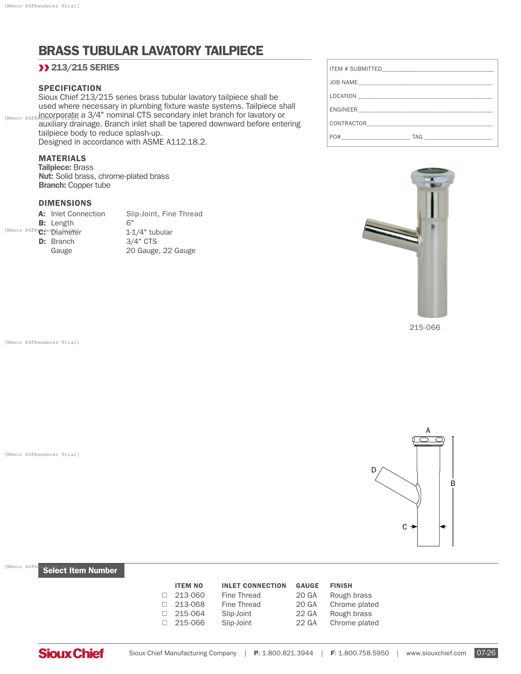 215 SERIES - BRASS LAVATORY TAILPIECE - SPEC SHEET.PDF Specification Document